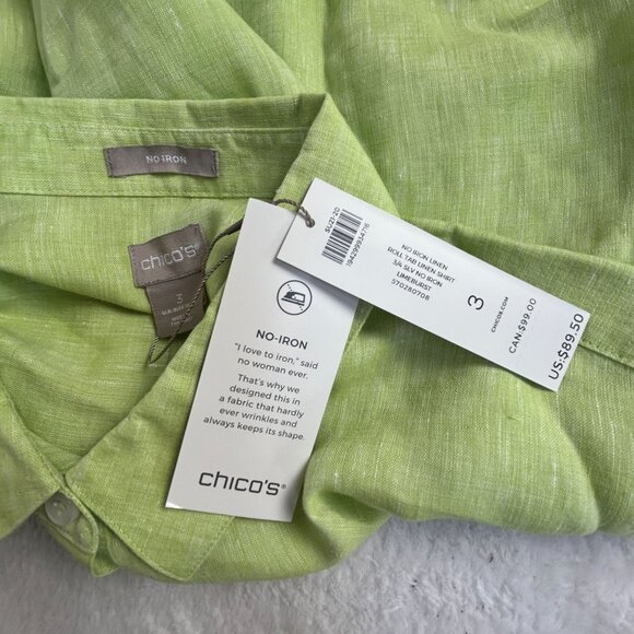 Chico's Womens Lime No-Iron Linen Roll-Tab Sleeve Button-Up Shirt Size 3 New $89 - Picture 3 of 7